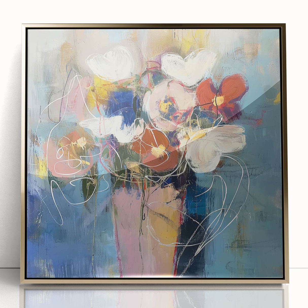 Framed acrylic artwork showcasing an abstract floral design in vibrant colors with gold accents, ideal for modern home decor or office spaces.