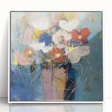 Framed abstract floral artwork in vibrant colors displayed against a white wall. This acrylic piece adds a modern touch to home decor, enhancing aesthetic appeal.