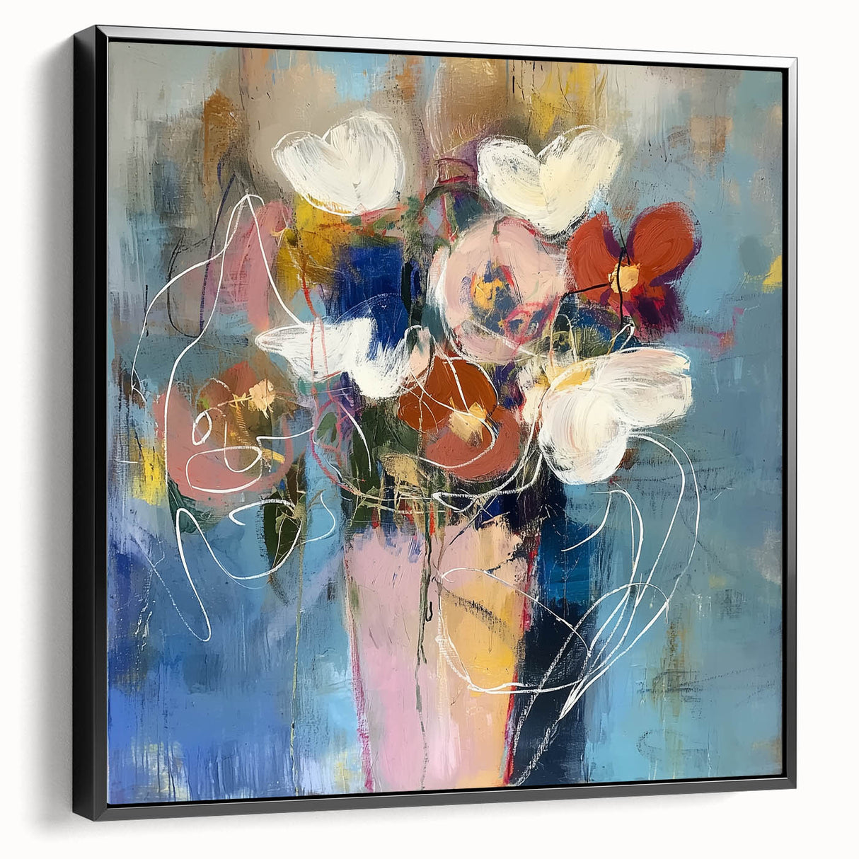 Framed abstract floral canvas art showcasing vibrant colors and intricate designs, displayed in a sleek black frame, ideal for modern home decor enhancement.