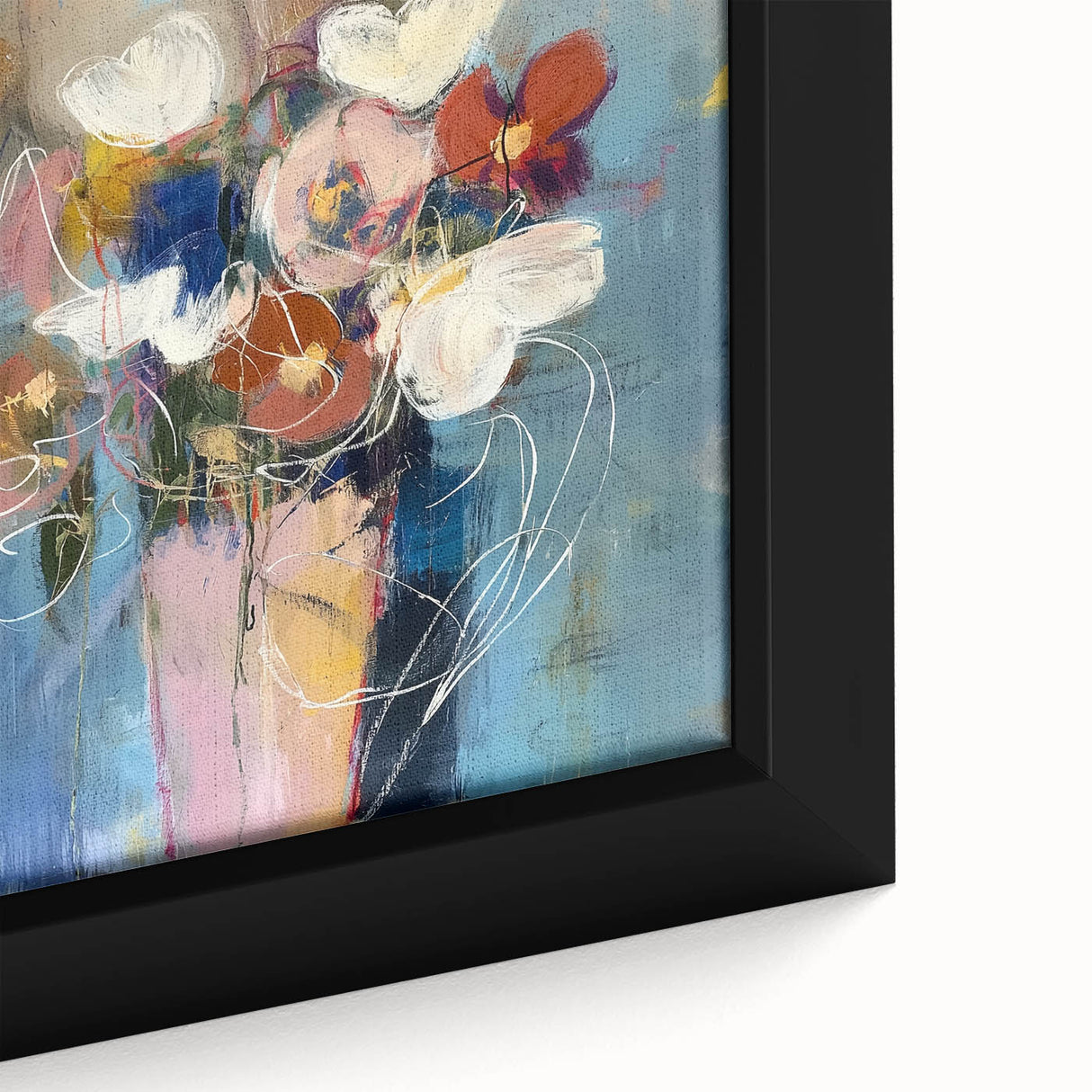 Close-up of a framed abstract floral canvas artwork showcasing vibrant colors and intricate details, perfect for modern home decor or artistic spaces.