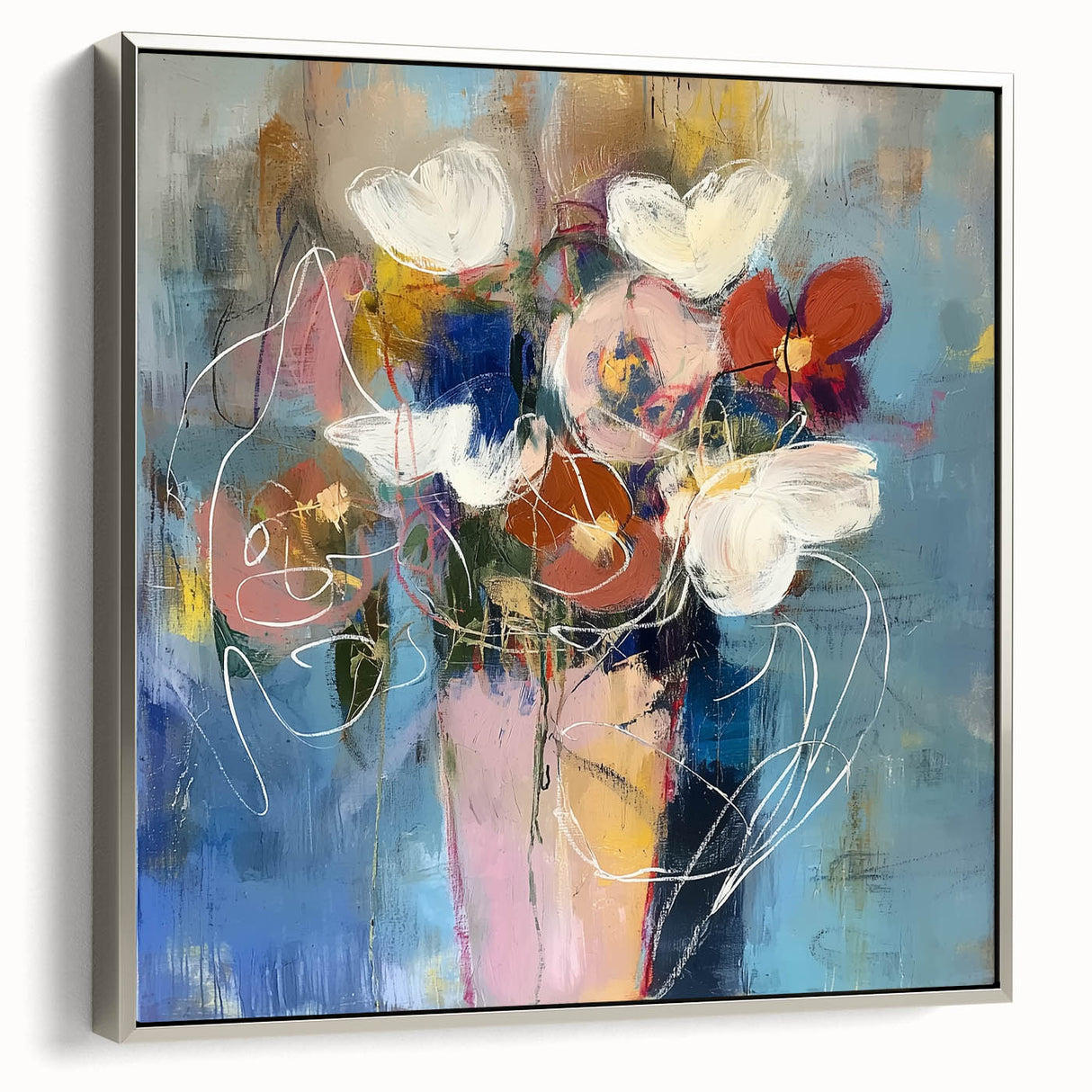 Framed canvas art showcasing abstract floral designs in vibrant colors, elegantly displayed with a silver frame, ideal for modern home decor. Perfect for enhancing any living space with a touch of contemporary elegance.