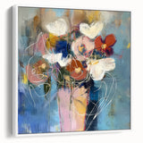 Framed abstract floral canvas artwork showcasing vibrant colors and intricate designs, displayed in a contemporary setting with a white background. Ideal for modern home decor.