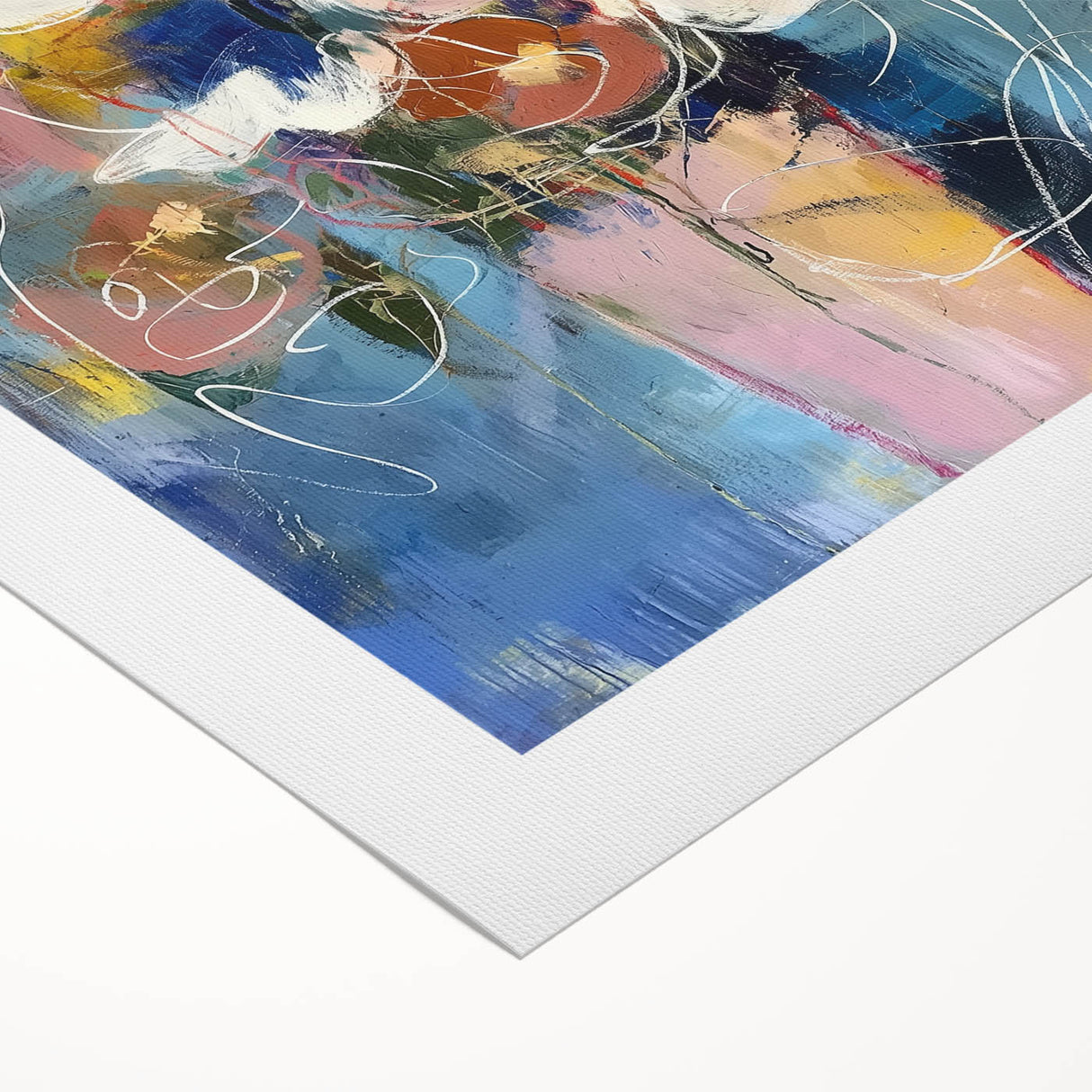 Abstract floral design on a rolled canvas, showcasing vibrant colors and intricate patterns, ideal for home decor. Packaged securely in a cardboard tube for safe transport.