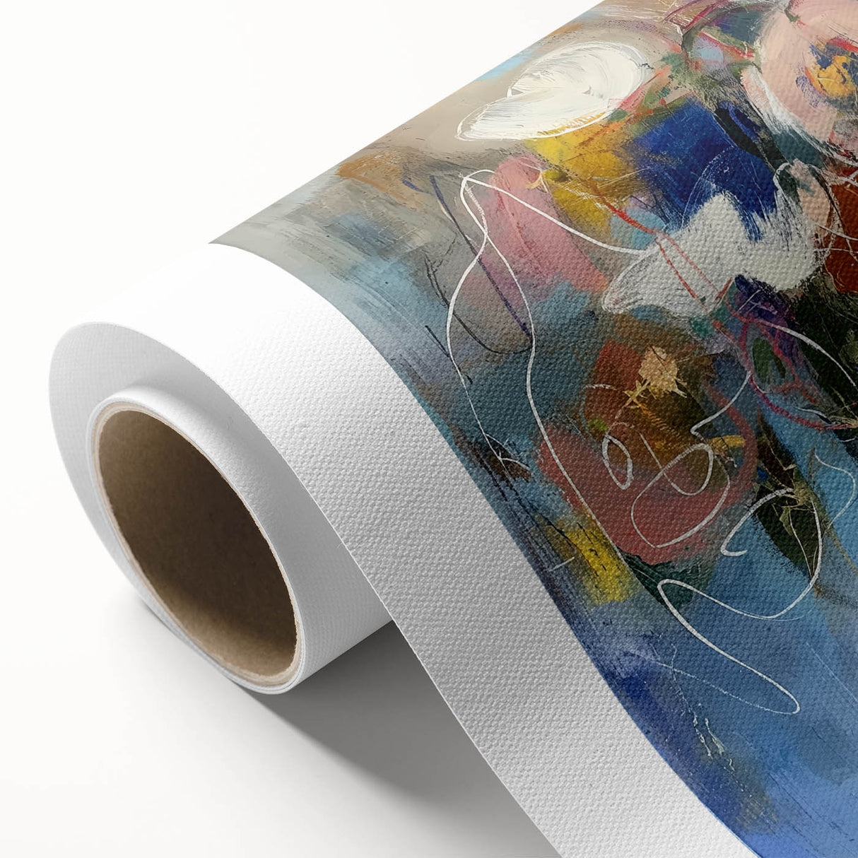 Abstract floral design on a rolled canvas showcasing vibrant colors and intricate patterns, ideal for modern home decor, packaged securely in a cardboard tube.
