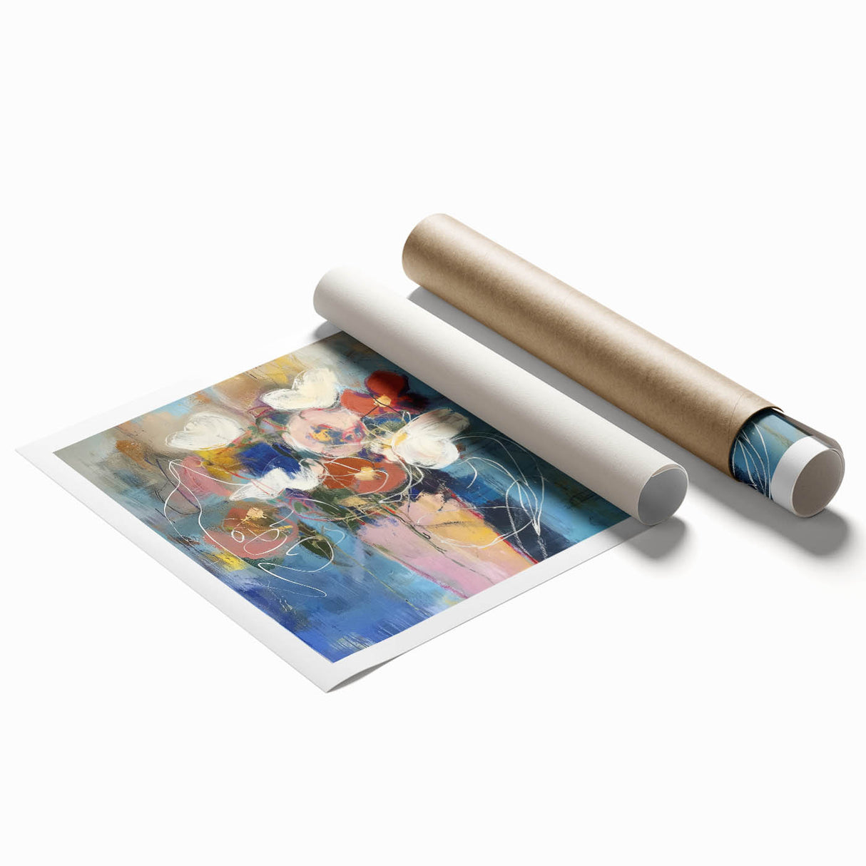 Vibrant abstract floral canvas print showcasing colorful blooms and intricate designs, rolled for easy shipping, perfect for home decor enhancement.
