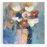 Colorful abstract floral design on stretched canvas, showcasing vibrant hues of pink, blue, and green, ideal for modern home decor and wall art enthusiasts. Perfect for adding a touch of elegance and creativity to living spaces or offices.