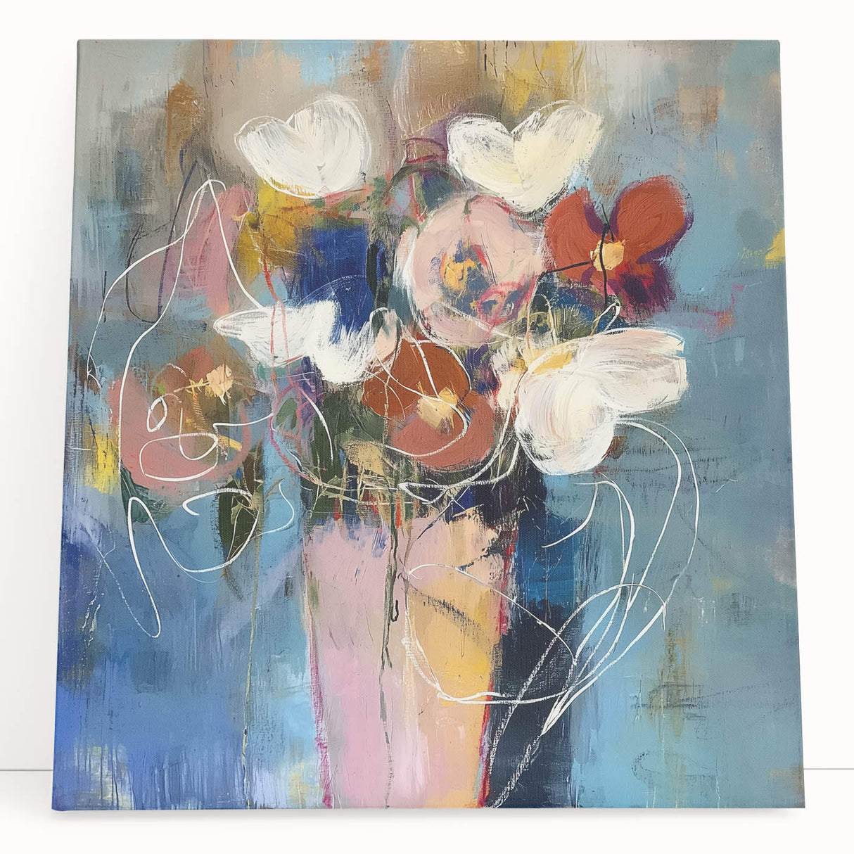 Abstract floral stretched canvas artwork featuring vibrant colors and intricate designs, leaning against a neutral wall, ideal for home decor enhancement.