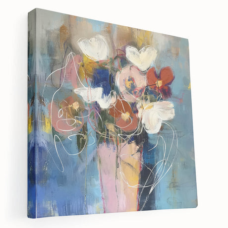 Abstract floral stretched canvas artwork showcasing vibrant colors and intricate designs, perfect for modern home decor. The side view highlights its gallery-wrapped edges, adding depth and elegance to any space. Ideal for brightening up living rooms or art studios.