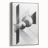 Framed minimalist wall art featuring an abstract design in silver tones, showcasing a sleek side view of the canvas, perfect for modern home decor.