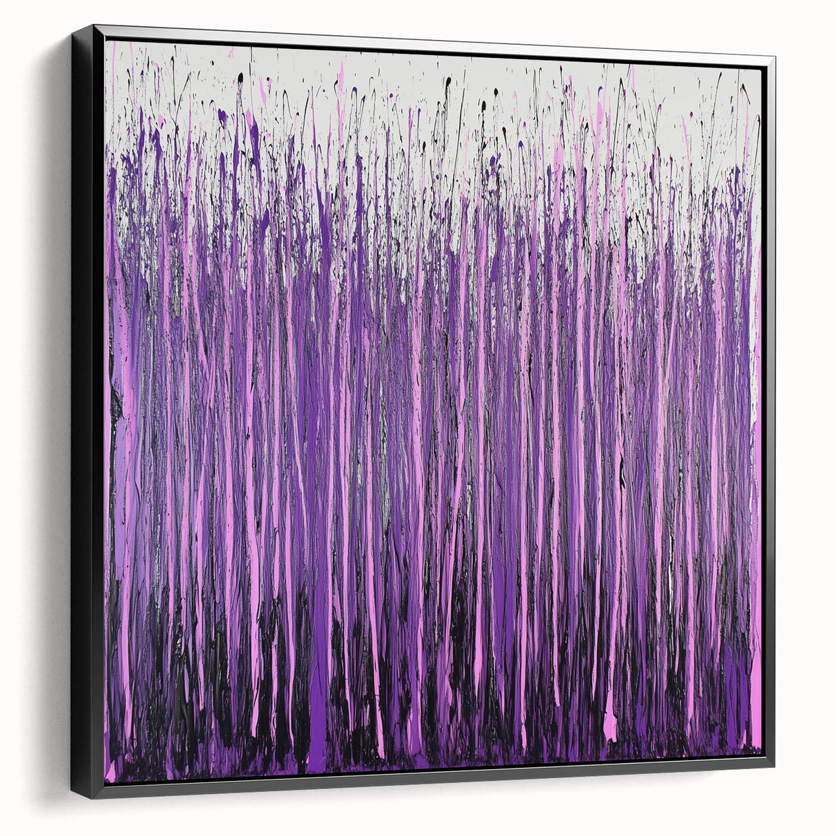 Framed canvas artwork titled "Abstract Florals" displaying vibrant floral patterns in shades of blue, pink, and gold, presented in a sleek black frame. The side view highlights its modern design and elegant finish, perfect for enhancing contemporary home decor.