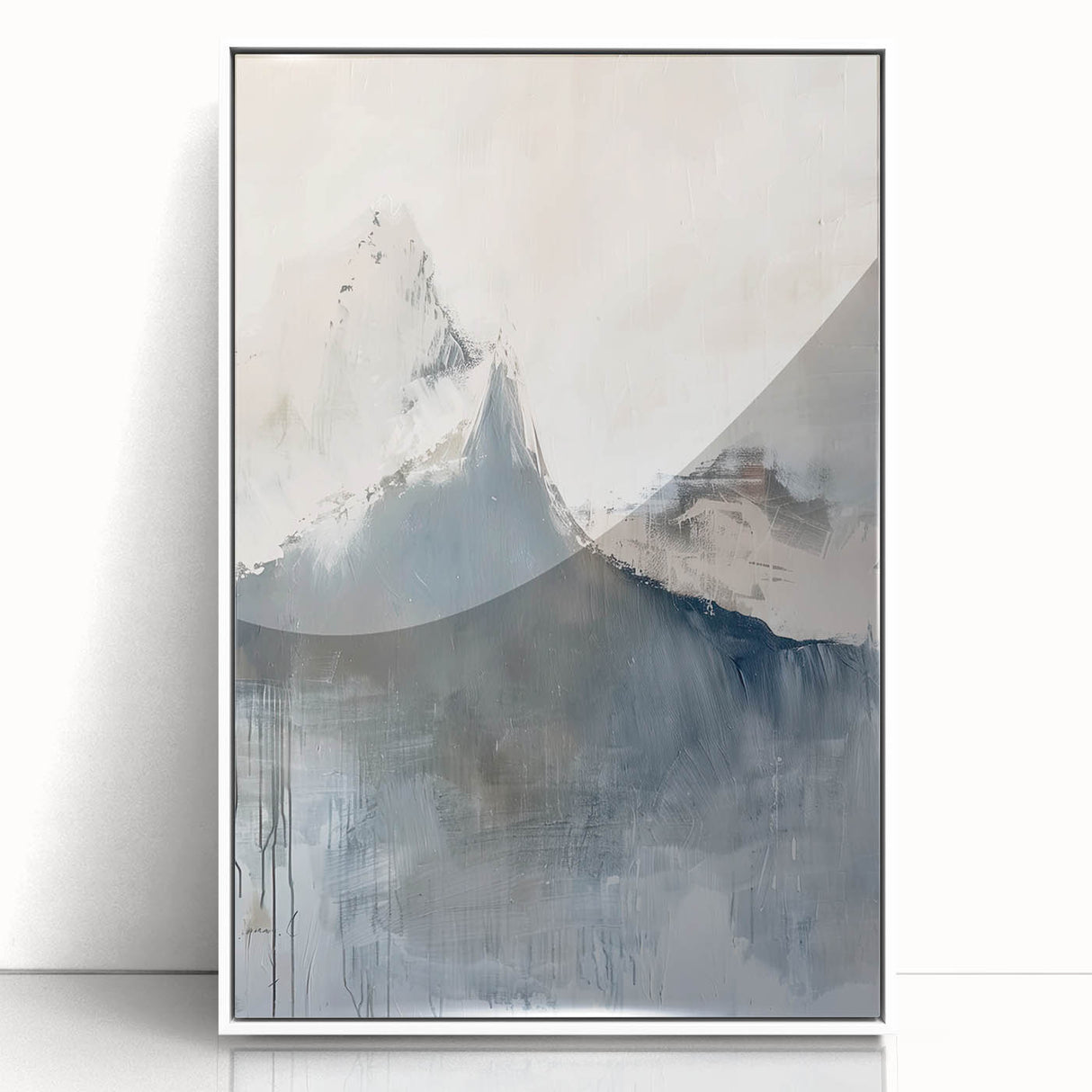 Framed abstract minimalist wall art featuring soft white and gray tones, displayed in an elegant acrylic frame, adding a modern touch to any decor.