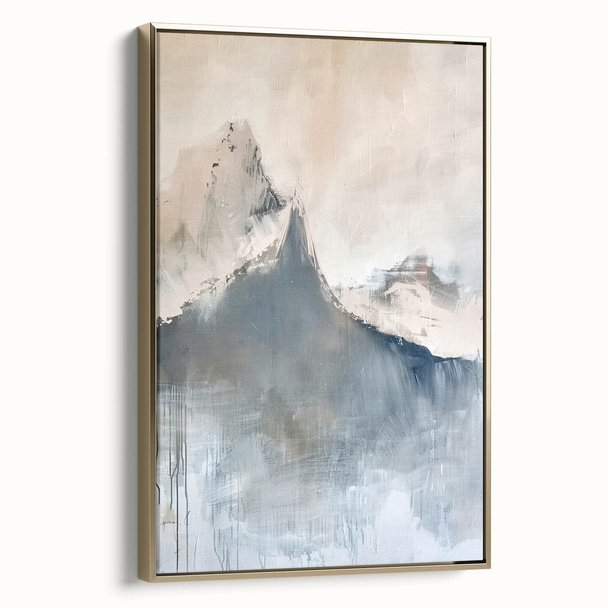 Framed minimalist wall art featuring an abstract design with a gold color palette, displayed in a chic side view against a neutral backdrop, perfect for modern decor.