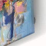 Close-up view of an abstract floral acrylic artwork on glass, showcasing vibrant colors and intricate details, perfect for modern home decor.