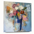 Abstract floral acrylic piece displayed from the side, showcasing vibrant colors and intricate designs, secured with stylish pins against a neutral background. Perfect for modern decor enthusiasts.