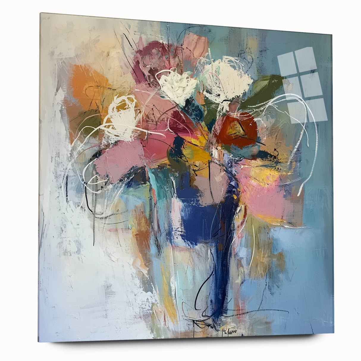 Abstract floral acrylic wall art design displayed in a sleek glass frame, showcasing vibrant colors and intricate patterns, ideal for modern decor.