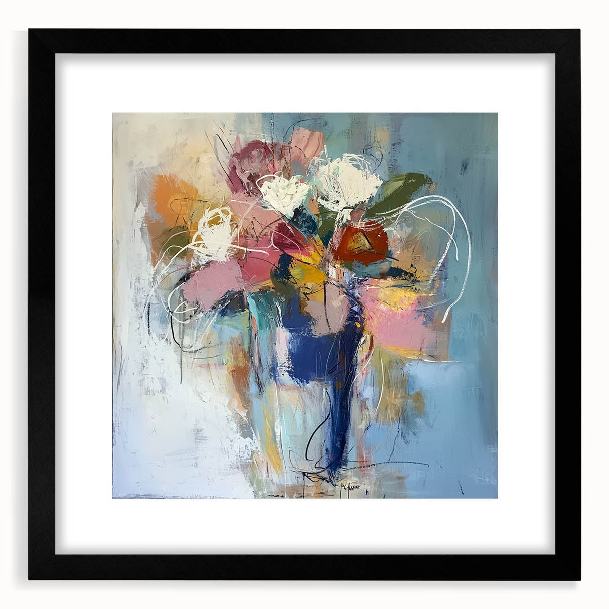 Abstract floral frame with a black mat finish, showcasing vibrant colors and intricate designs, ideal for enhancing modern home decor and adding elegance to any interior space.