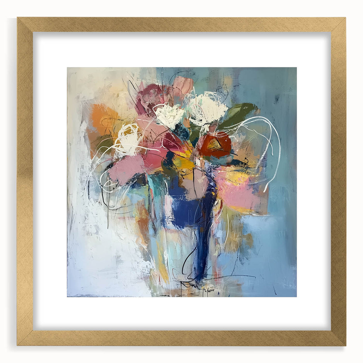 Elegant gold-framed abstract floral artwork with a mat, featuring vibrant colors and intricate designs, perfect for enhancing modern home decor. This piece combines artistic flair with sophistication, making it an ideal accent for living spaces or offices.