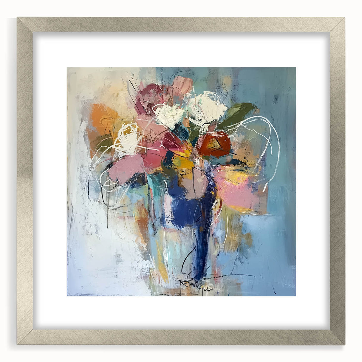 Abstract floral framed artwork with a silver mat, showcasing vibrant colors and intricate designs, perfect for modern home decor or gallery displays.