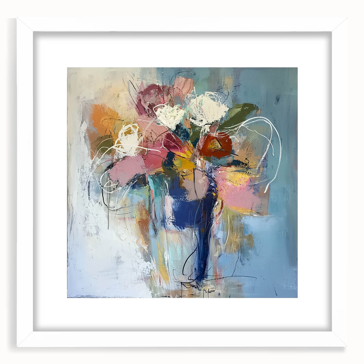 Abstract floral frame design featuring vibrant colors and intricate patterns, set against a white mat. Perfect for adding a modern touch to home decor.