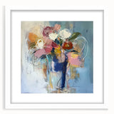 Abstract floral frame design featuring vibrant colors and intricate patterns, set against a white mat. Perfect for adding a modern touch to home decor.