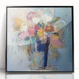 Framed acrylic artwork featuring abstract floral designs in vibrant colors, showcasing a modern aesthetic with a sleek black frame, perfect for home decor.