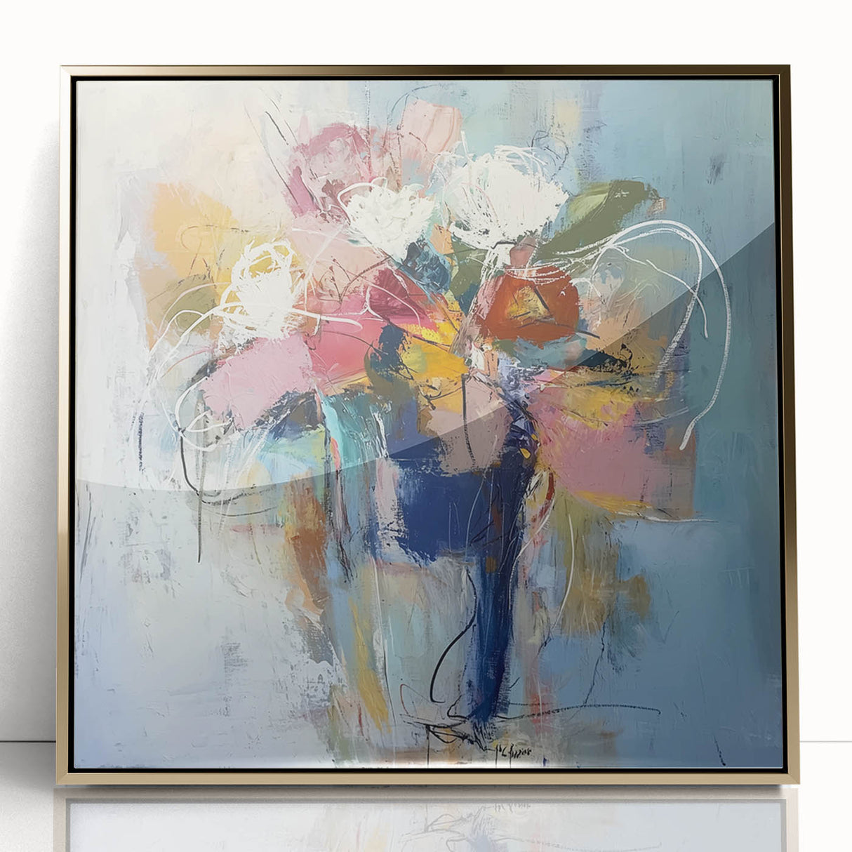 Framed acrylic artwork showcasing vibrant abstract floral designs in gold tones, perfect for modern home décor, adding a touch of elegance and color.