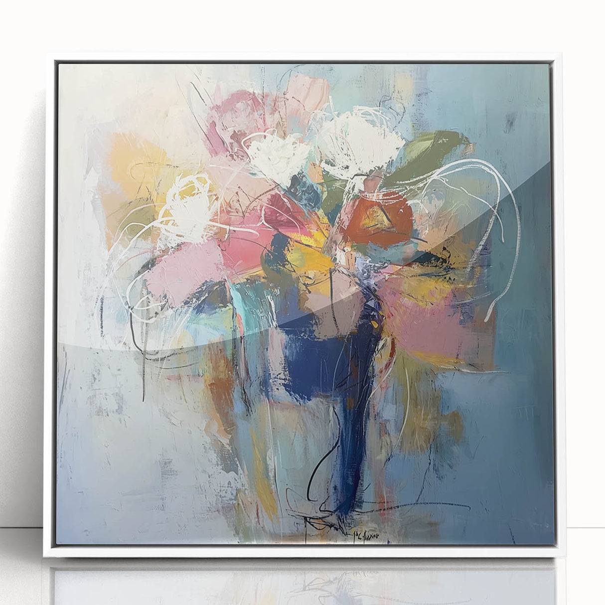 Framed acrylic artwork showcasing an abstract floral design in vibrant colors, presented in a sleek white frame, ideal for modern home decor. This piece adds elegance to any space, enhancing interior aesthetics with its artistic flair.