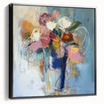Abstract floral artwork displayed in a black-framed canvas, showcasing vibrant colors and intricate designs, perfect for modern home decor and art enthusiasts.