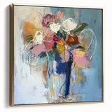 Framed abstract floral canvas art in silver and gold tones, elegantly displayed on a wall, showcasing intricate designs and a modern aesthetic for home decor.