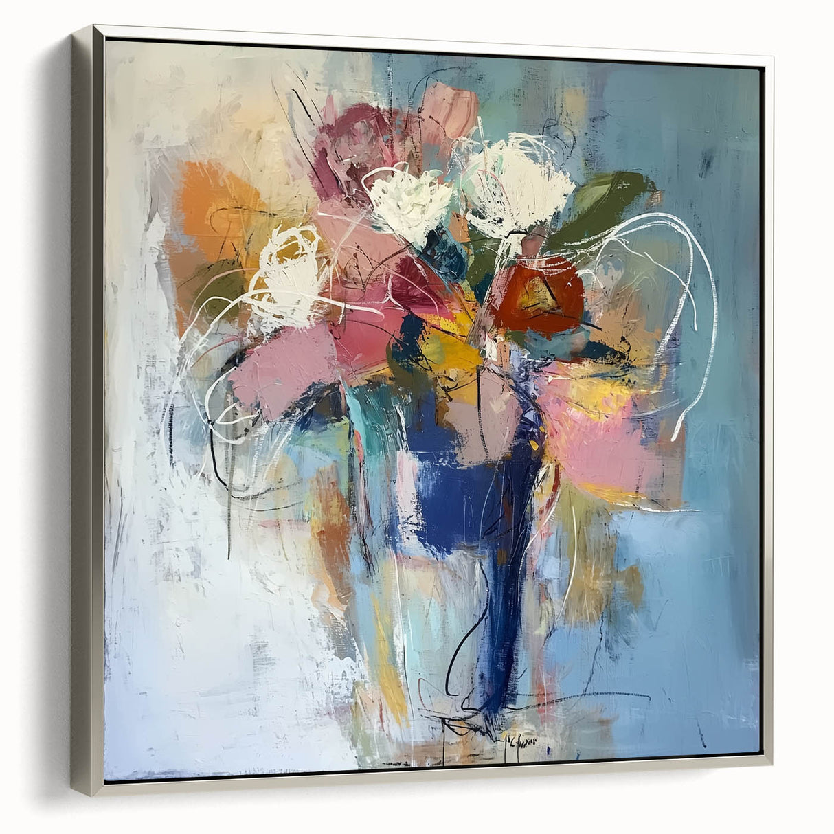 Framed canvas artwork featuring an abstract floral design in vibrant colors, elegantly presented with a sleek silver frame, ideal for modern home decor.