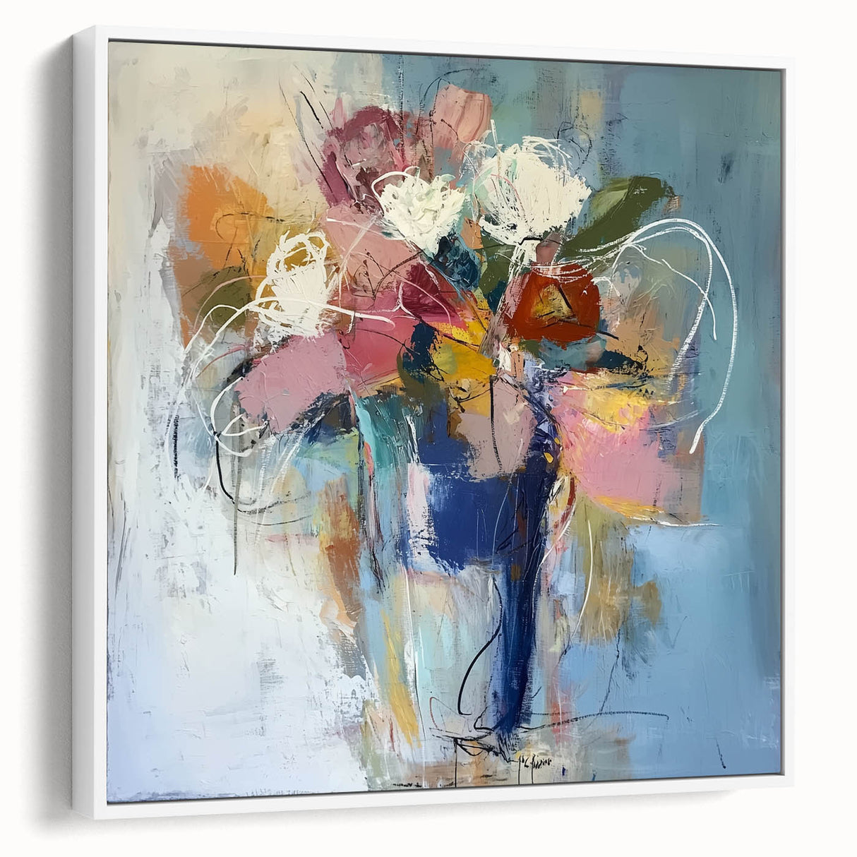 Framed canvas artwork showcasing an abstract floral design in vibrant colors, set against a white background, ideal for modern home decor.