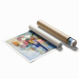Abstract floral art print on rolled canvas showcasing vibrant colors and intricate patterns, elegantly packaged in a protective cardboard tube for easy display.