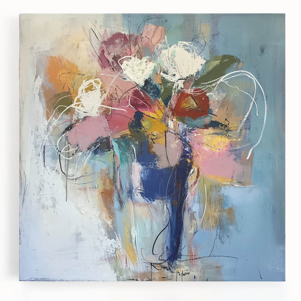 Abstract floral stretched canvas artwork showcasing vibrant colors of pink, orange, and green, ideal for modern decor. Perfect for brightening up living spaces.