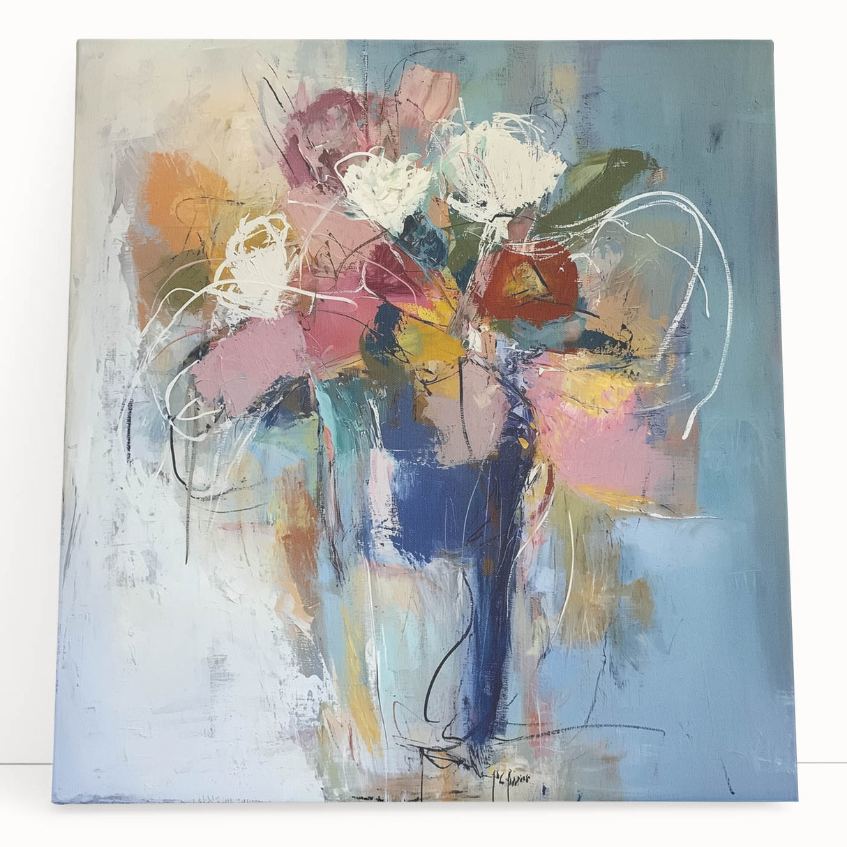 Abstract floral stretched canvas art featuring vibrant colors and intricate designs, elegantly leaning against a wall, perfect for modern home decor.