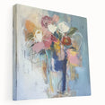 Abstract floral stretched canvas artwork showcasing vibrant colors and intricate patterns, elegantly displayed in a side view. Perfect for modern home decor.
