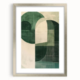 Abstract minimalist wall art framed in silver with a white mat, showcasing geometric shapes and soft colors, perfect for modern home decor.