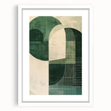 Abstract minimalist wall art in a sleek white frame with a mat, showcasing soft muted colors and geometric patterns, perfect for modern home decor.