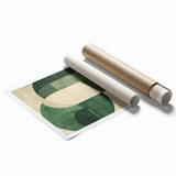 Abstract minimalist wall art print showcasing soft pastel colors and geometric shapes, elegantly rolled and packaged in a protective cardboard tube for easy shipping.