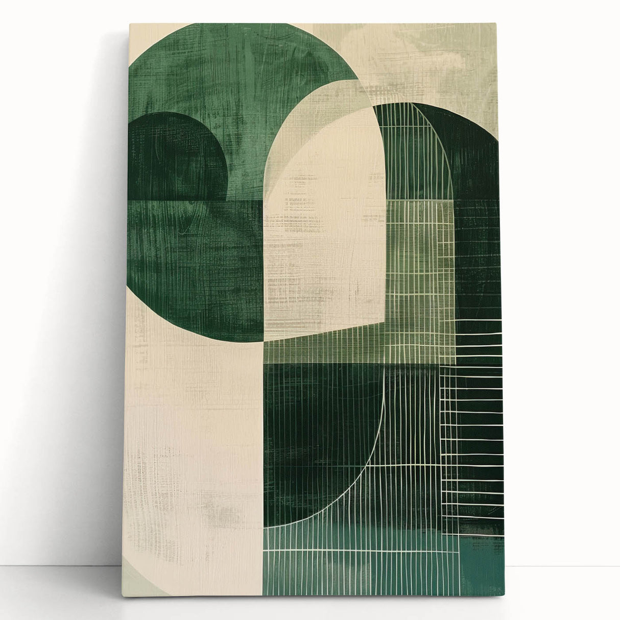 Abstract minimalist wall art on stretched canvas, featuring soft earth tones and geometric shapes, elegantly leaning against a neutral wall, ideal for modern decor.