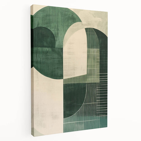 Abstract minimalist wall art piece displayed on stretched canvas, showcasing soft neutral tones and geometric shapes, perfect for modern home decor.