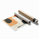 Abstract minimalist wall art print featuring soft pastel colors and geometric shapes, elegantly rolled and packed in a durable cardboard tube for safe transport.