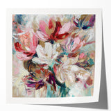 Abstract floral photo print mockup showcasing vibrant colors and intricate designs, displayed in a glossy finish, perfect for modern home decor or art galleries.