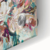 Close-up view of an abstract floral acrylic glass artwork showcasing vibrant colors and intricate details, perfect for modern home decor or artistic display.