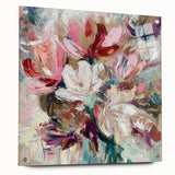 Abstract floral acrylic artwork displayed in a glass frame, showcasing vibrant colors and intricate designs, ideal for modern home decor. This side view emphasizes the artwork's depth and the pins securing it, making it a perfect accent for stylish interiors.