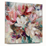 Abstract floral acrylic artwork displayed on a clear glass panel, showcasing vibrant colors and intricate patterns. Perfect for modern home decor and stylish interior design.