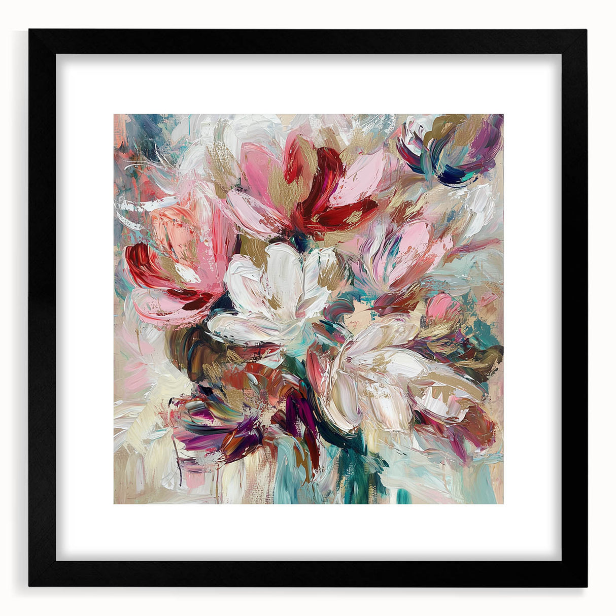 Abstract floral frame with a black mat, showcasing vibrant colors and intricate patterns, perfect for modern home decor or as a statement piece in a gallery wall. Ideal for adding a touch of elegance to any living space.