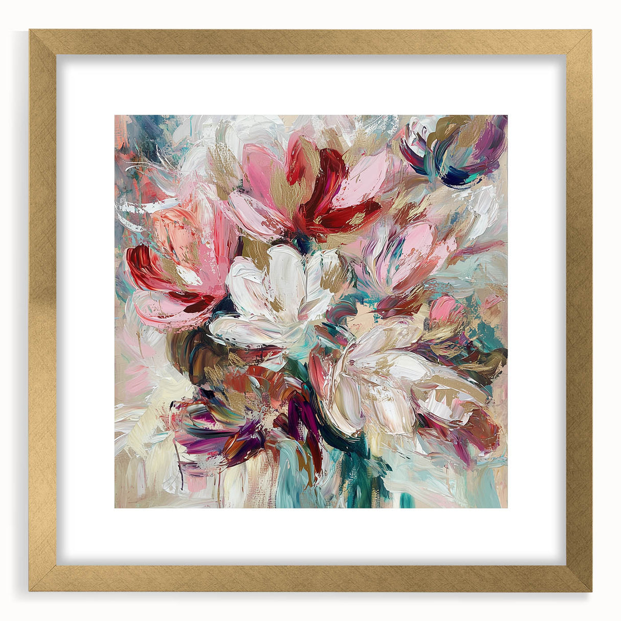 Abstract floral artwork framed in gold, showcasing vibrant colors and intricate designs, ideal for enhancing home decor and adding elegance to any space.