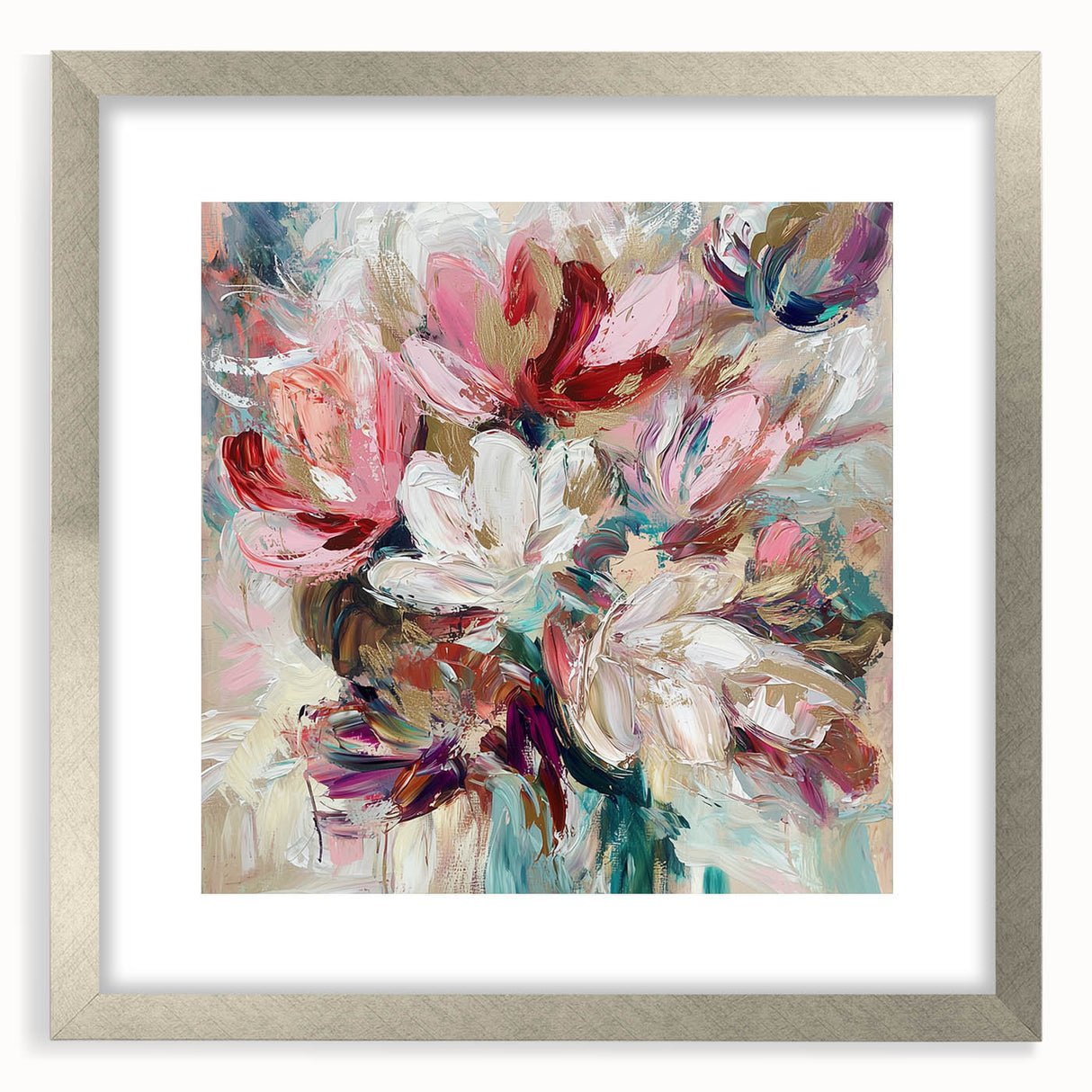 Abstract floral artwork framed in silver, showcasing vibrant colors and intricate designs, ideal for modern home decor. Perfect for adding a stylish touch to any room.