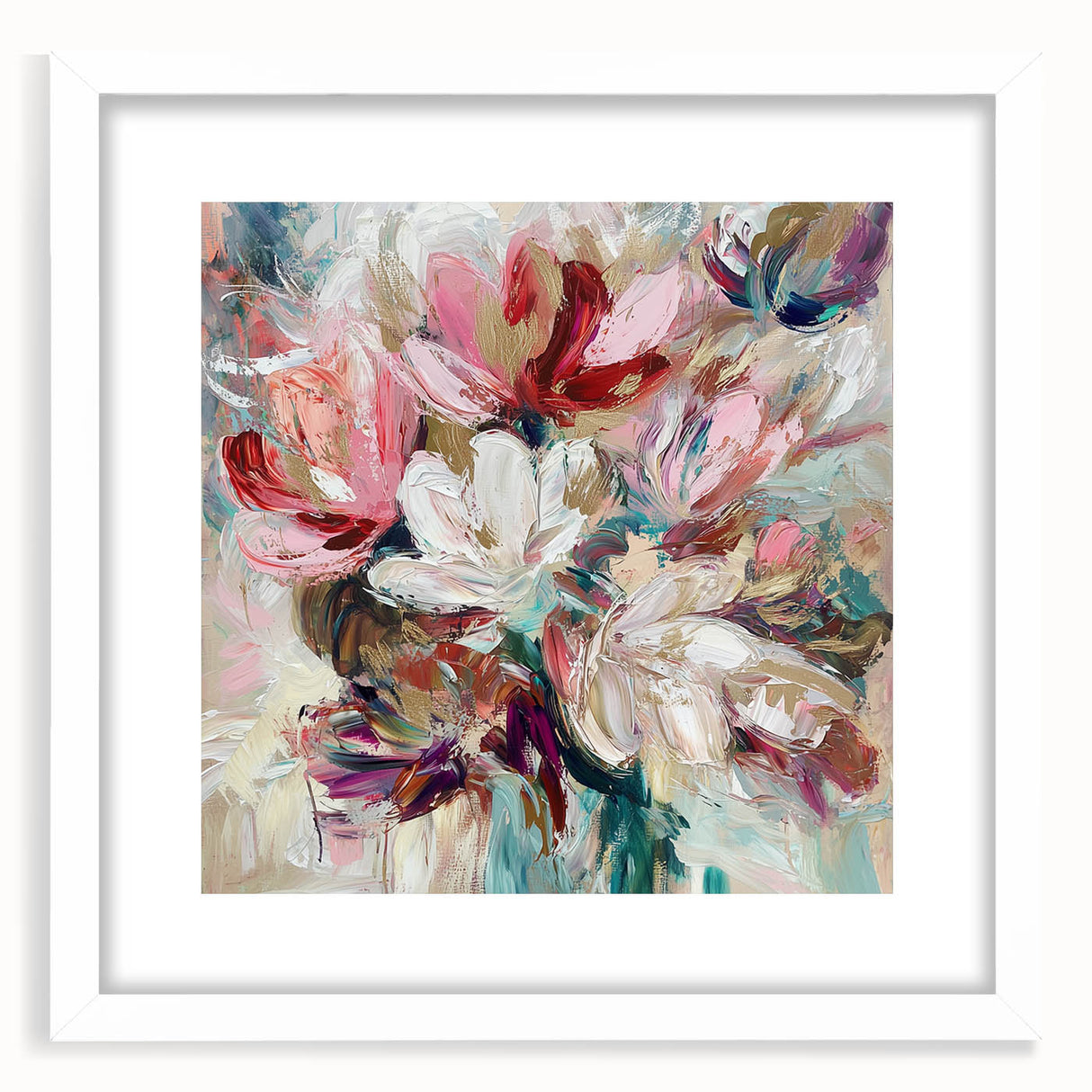 Abstract floral frame with a white mat, showcasing vibrant colors and intricate patterns, perfect for modern home decor or art display. Ideal for adding a touch of elegance to any space.