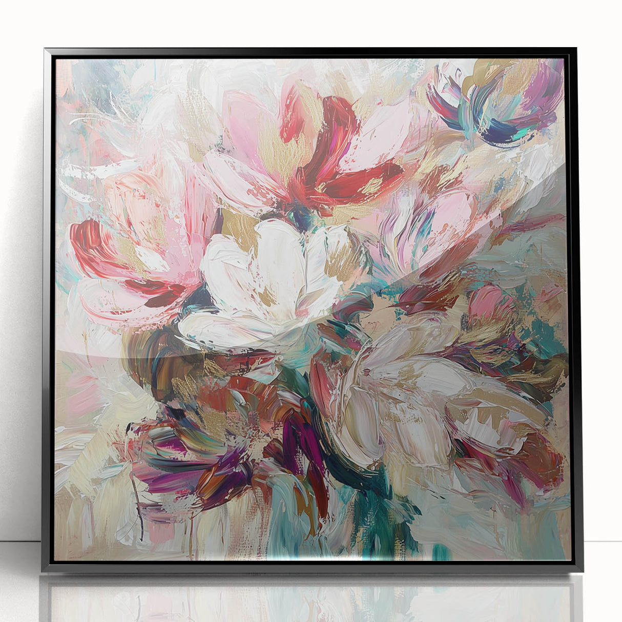 Framed black acrylic artwork showcasing a vibrant abstract floral design with bold colors and intricate details, ideal for modern home decor.